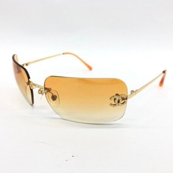 CHANEL Accessories - 🧡RARE Chanel Vintage Sunglasses Rhinestone CC Logo Rimless Gradient Gold Orange